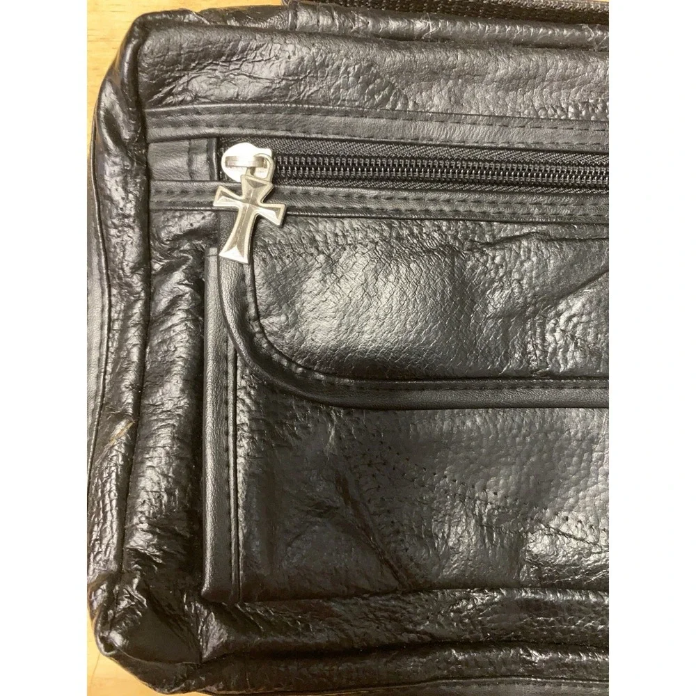 Bible Cover Black Solid Leather Large Book Case Cross Zipper Pockets